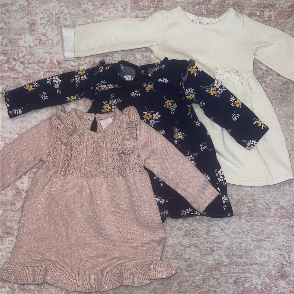 3 piece long sleeve dresses bundle- sparkle knit, shimmer fleece, cotton floral